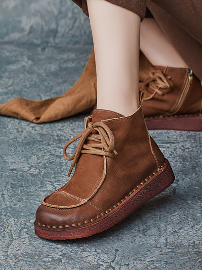 Women Winter Retro Leather Spliced Flat Boots QM025 BUYKUD