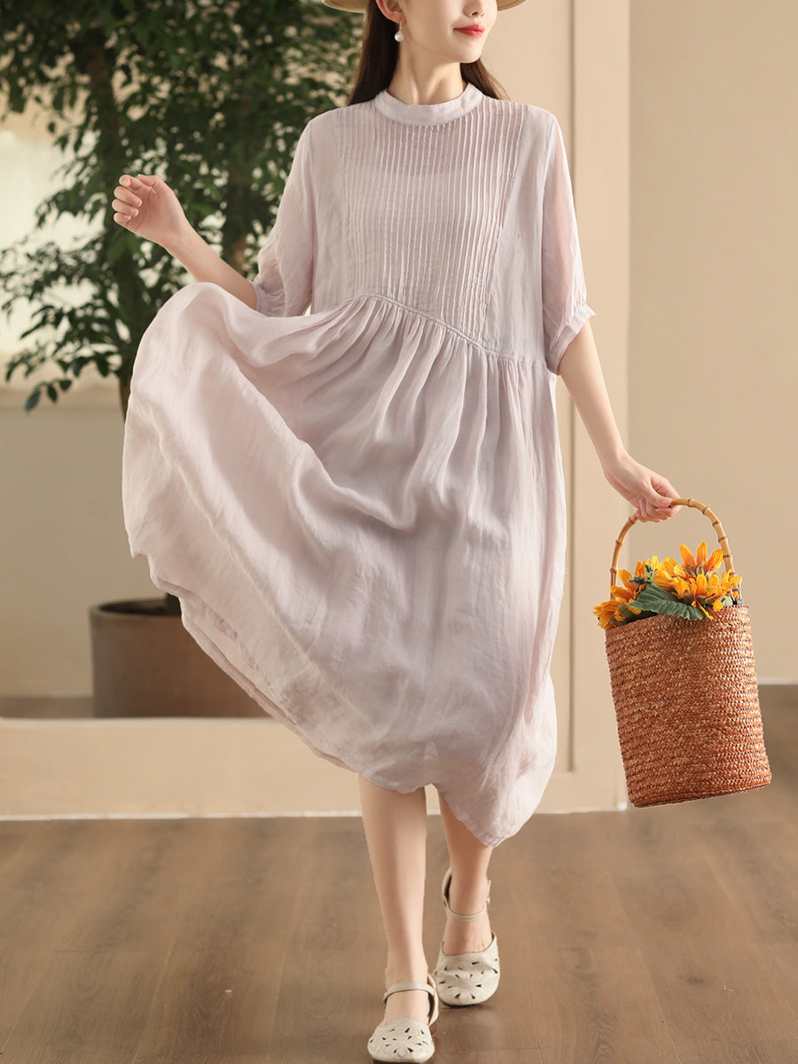 Women Summer Artsy Shirred Solid Ramie Dress CX003 BUYKUD