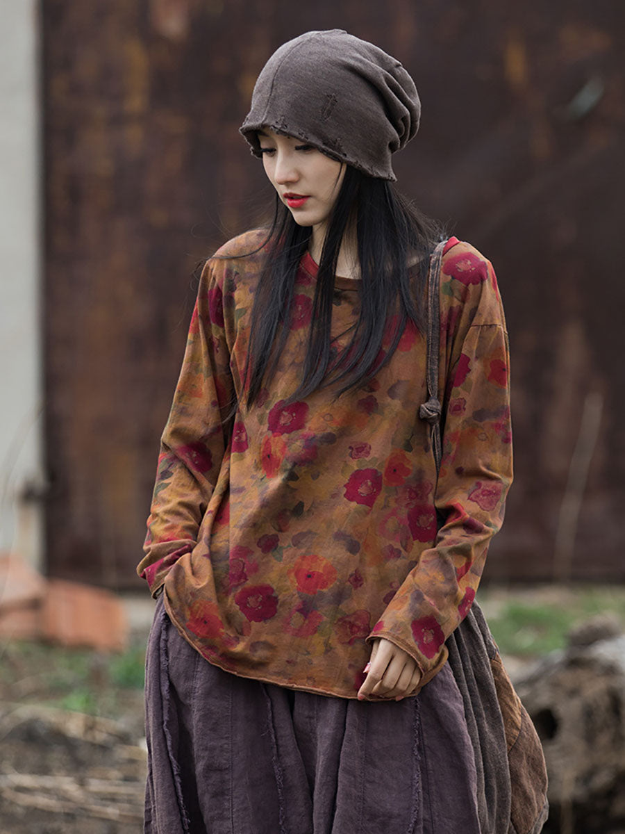 Women Vintage Autumn O-Neck Flower Cotton Blouse AT1008 BUYKUD