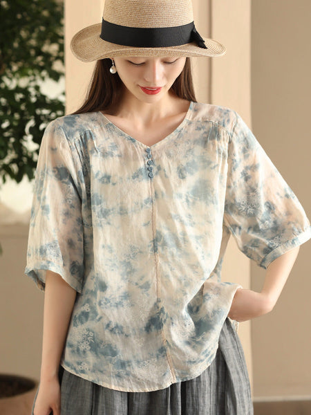 Women Summer Artsy Flower V-Neck Thin Ramie Shirt FD004 BUYKUD
