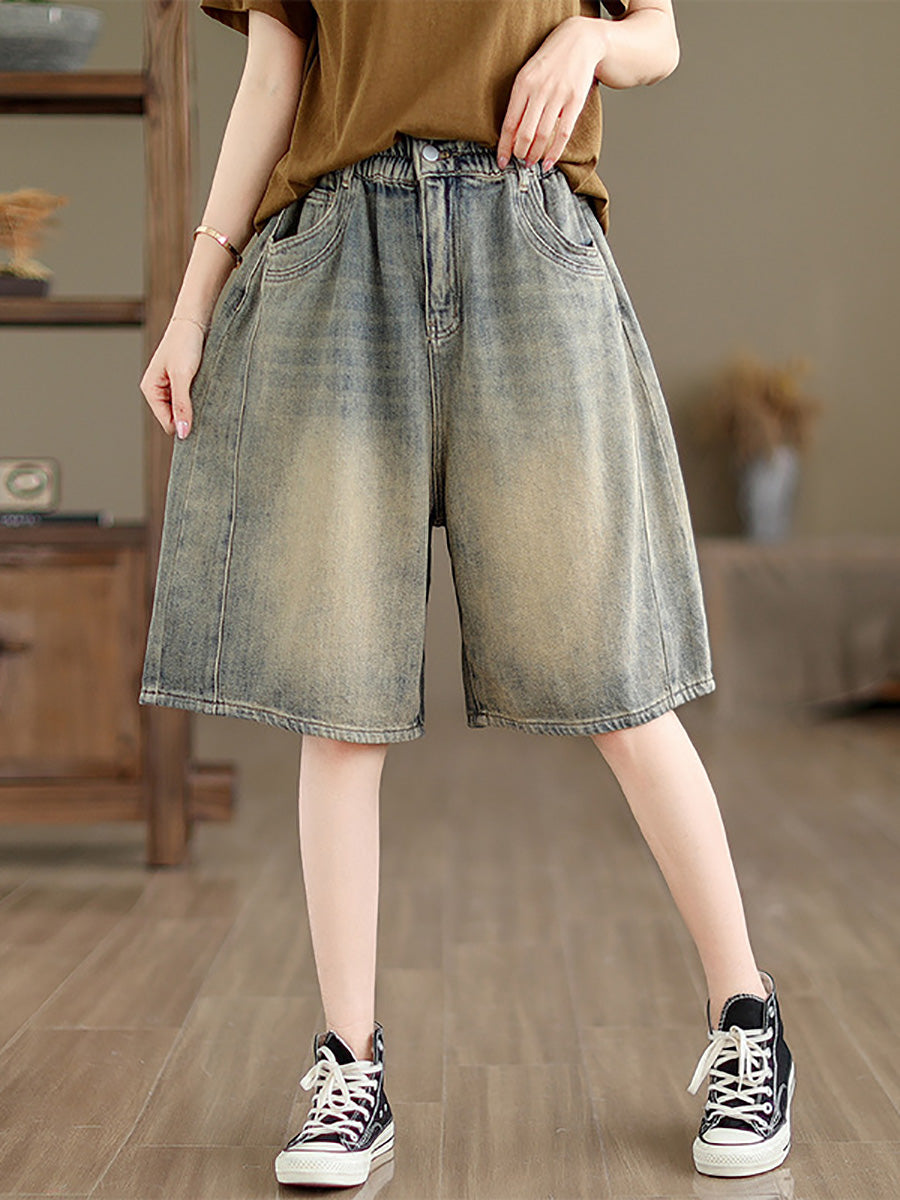 Women Summer Worn Denim Wide-leg Fifth Pants CC037 BUYKUD