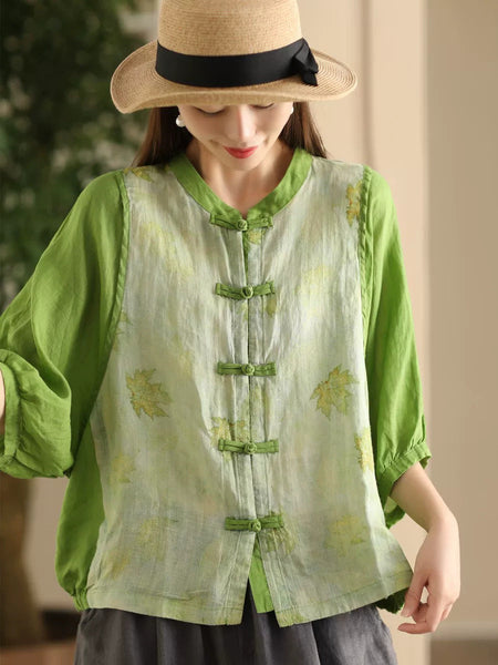 Women Summer Vintage Flower Spliced Button-up Ramie Shirt FD042 ZMMM