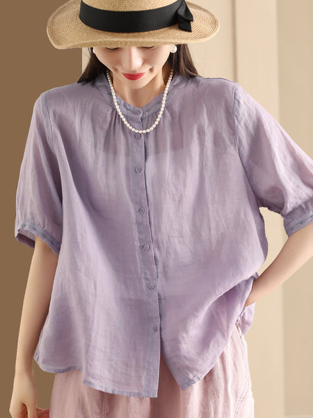 Women Summer O-Neck Embroidery Button-up Ramie Shirt PP1035 BUYKUD