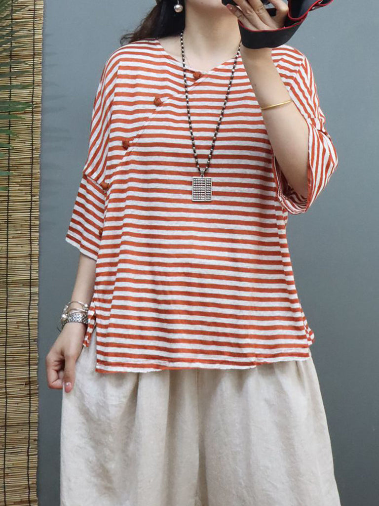 Plus Size Women Summer Vintage Stripe Linen Shirt SC1027 Ada Fashion