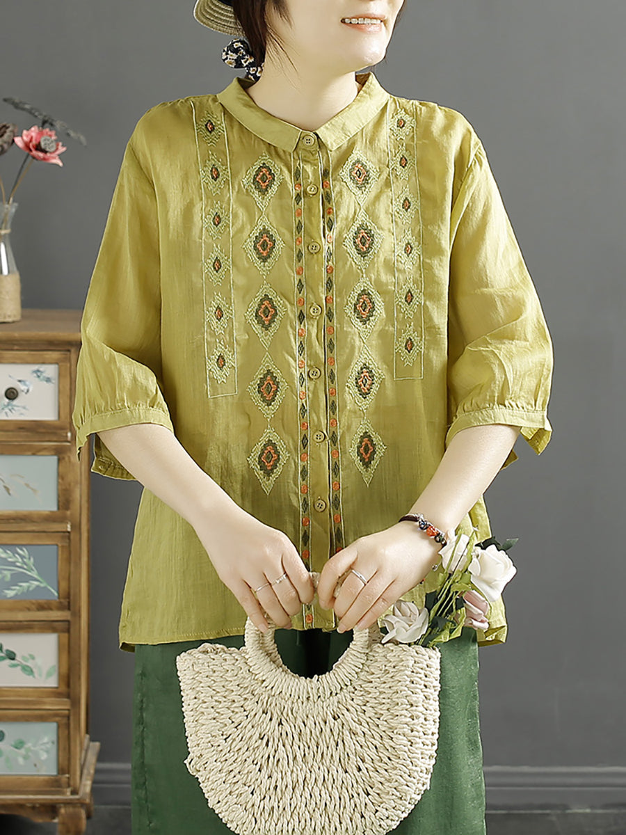 Women Ethnic Rhomboids Embroidery Ramie Button Up Blouse KL1031 Ada Fashion