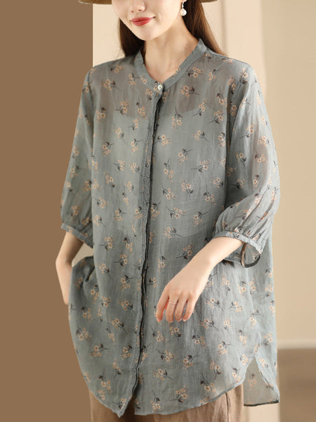 Women Summer Artsy Floral Spliced Ramie Long Shirt BN1007 Ada Fashion