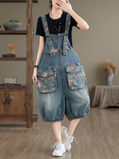 Women Summer Retro Flower Spliced Denim Jumpsuits ZZ1021 Ada Fashion