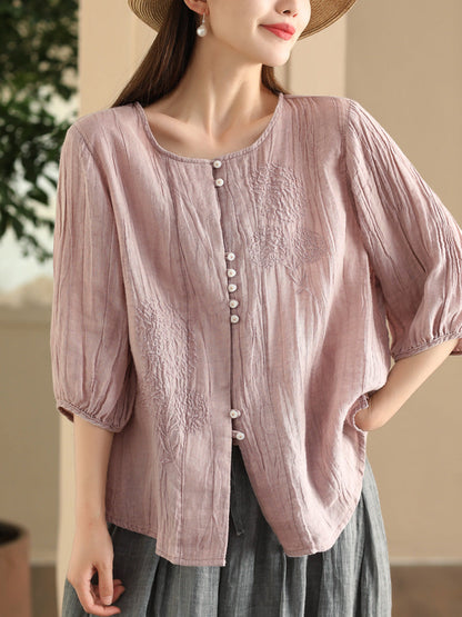 Women Summer Vintage Embroidery Solid Button Ramie Shirt FD012 JPFS