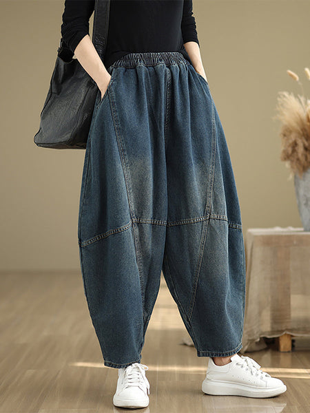 Women Autumn Vintage Denim Spliced Harem Pants QU027 ZMFS
