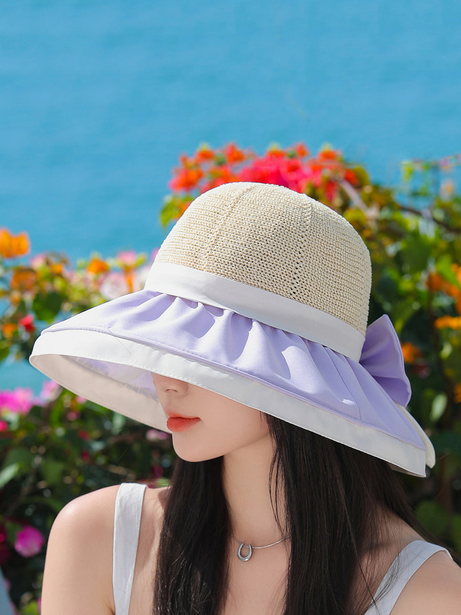 Women Summer Colorblock Large Brim Bowknot Hat WE1003 Ada Fashion