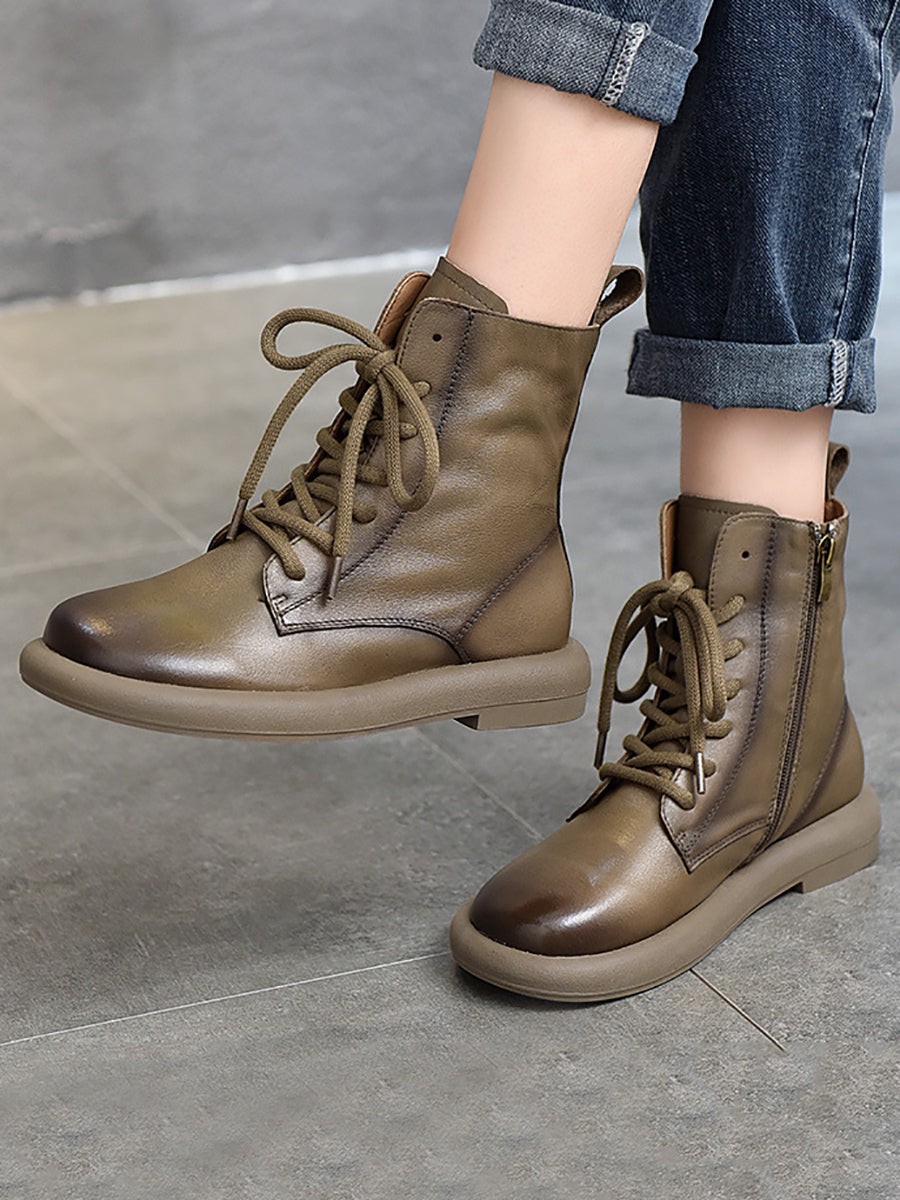 Women Genuine Leather Soft Zipper Mid Heel Martin Boots QU022 TZTJ