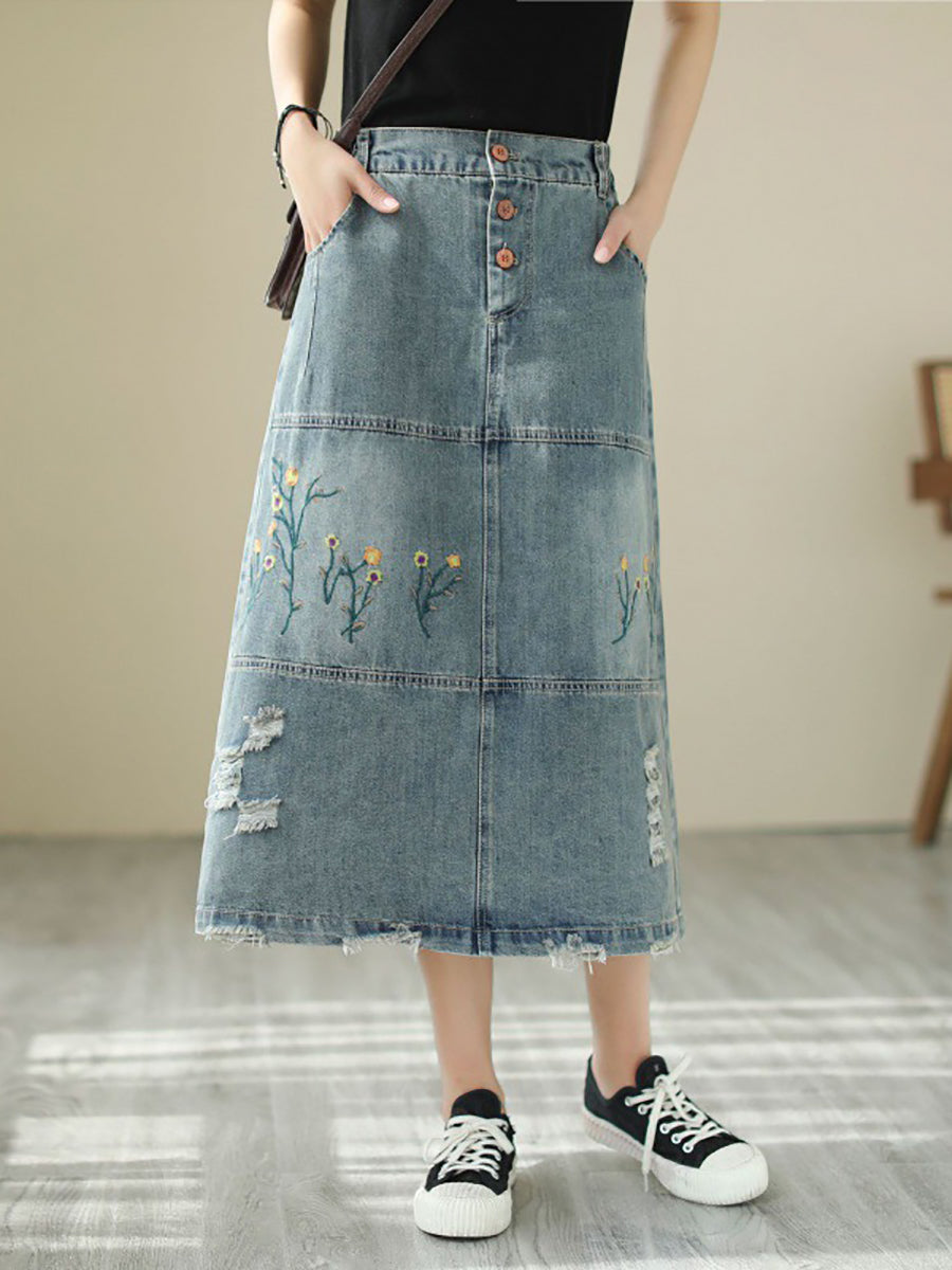 Women Summer Flower Embroidery Frayed Denim Skirt AS1041 Ada Fashion