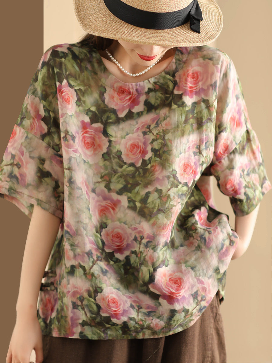 Women Artsy Floral Summer Ramie Pullover Shirt KL1016 Ada Fashion