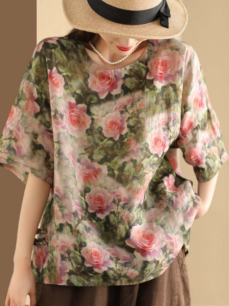Women Artsy Floral Summer Ramie Pullover Shirt KL1016 Ada Fashion