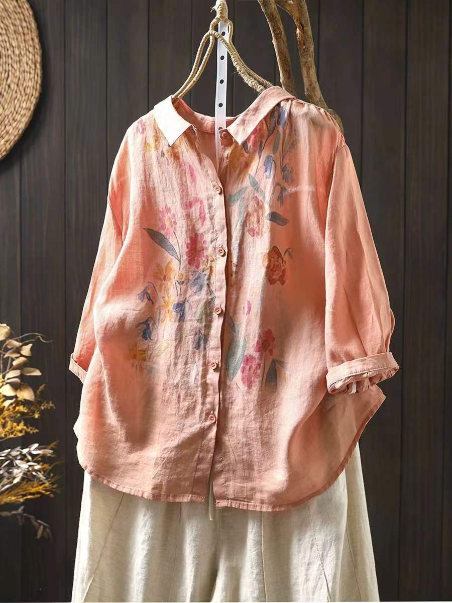 Women Artsy Summer Flower Print Ramie Blouse KL1041 Ada Fashion