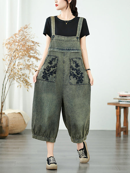 Long Jumpsuits Women Flower Embroidery Denim Summer FashionChic