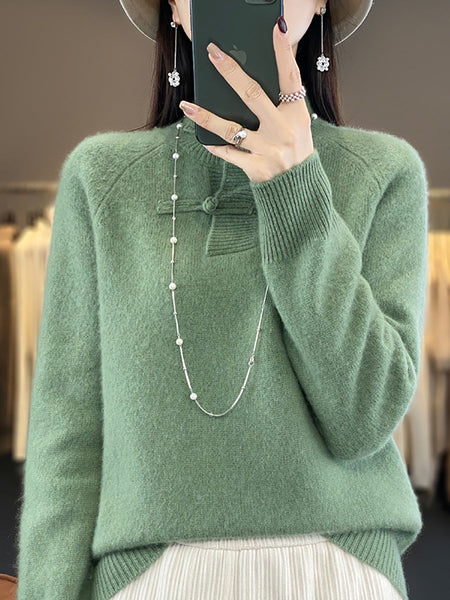 Women Autumn Vintage Half-Turtleneck 100%Wool Buckle Sweater BA1040 Genistyle Shop