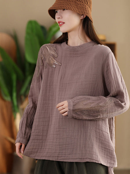 Women Autumn Artsy Embroidery Stand Collar Cotton Blouse AI1076 ZMMM