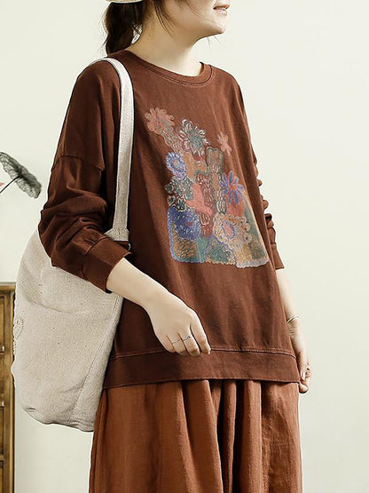 Women Casual Autumn Flower O-Neck Cotton Blouse AT1002 QYZY