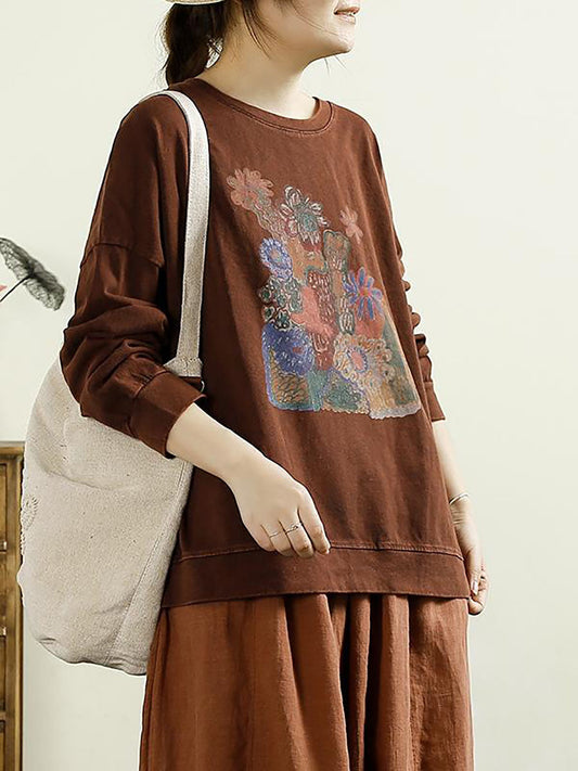 Women Casual Autumn Flower O-Neck Cotton Blouse AT1002 QYZY