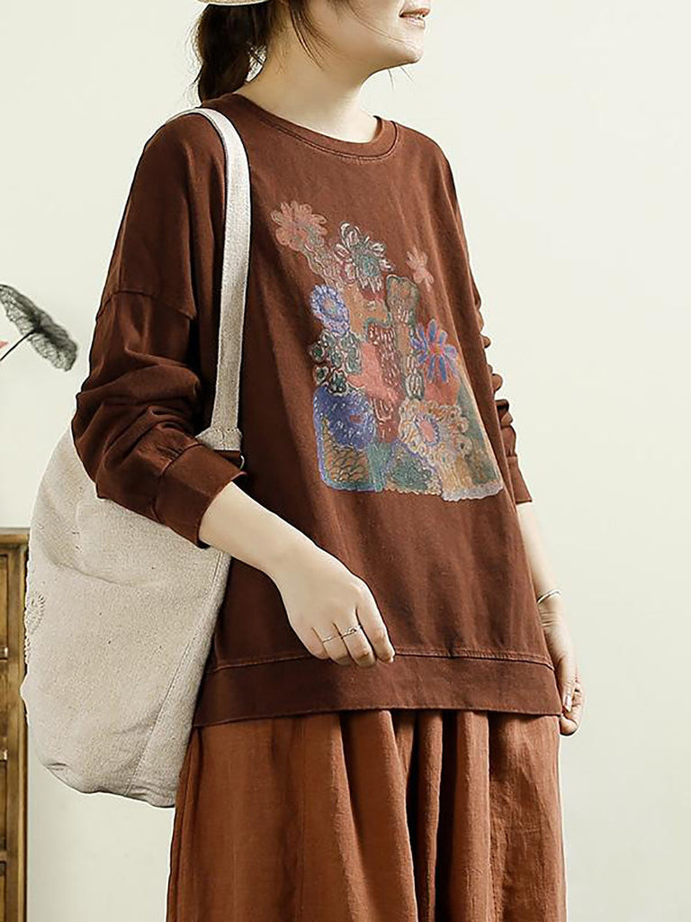 Women Casual Autumn Flower O-Neck Cotton Blouse AT1002 QYZY