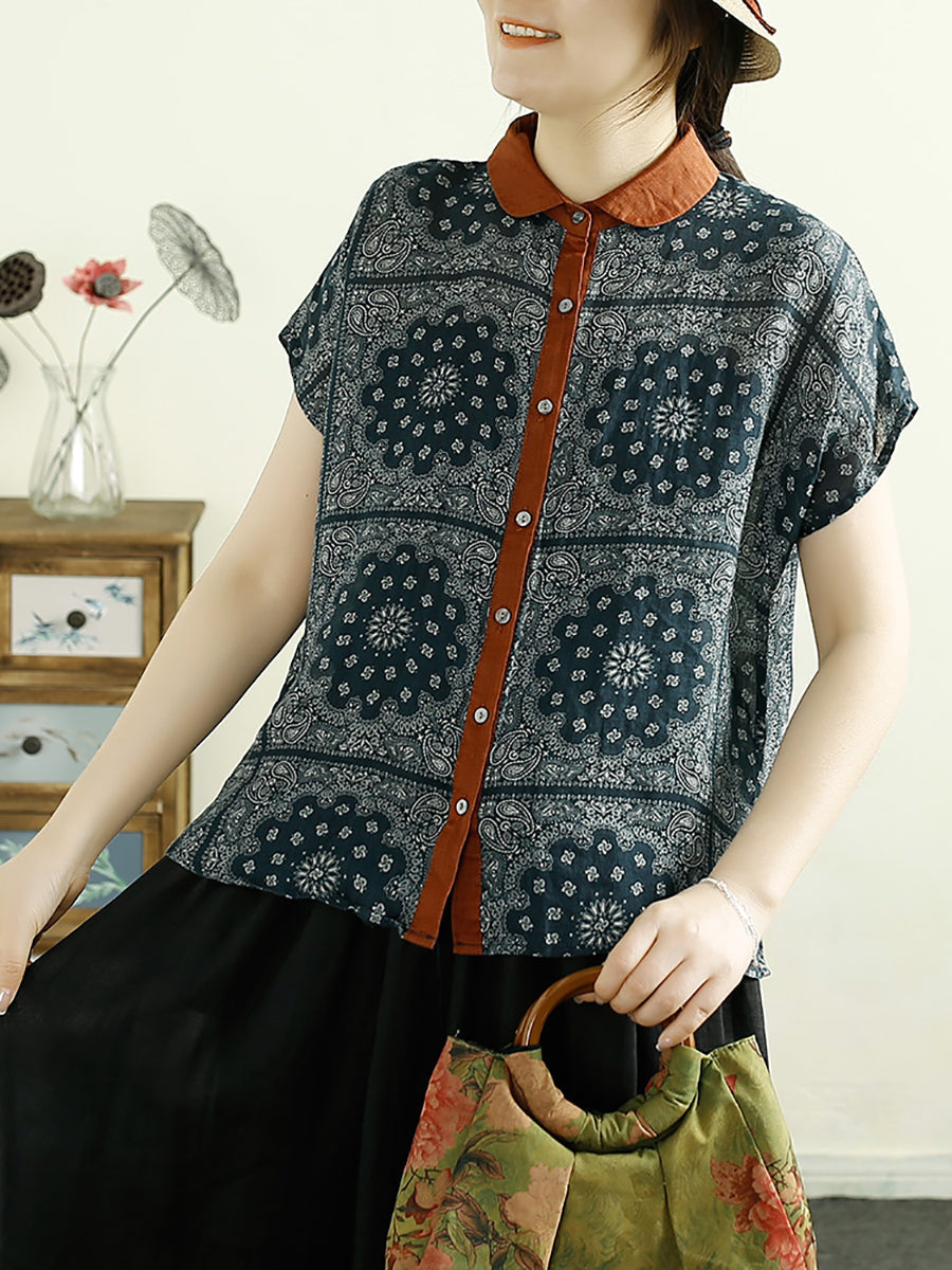 Women Summer Vintage Flower Button-up Ramie Shirt CV1054 Ada Fashion