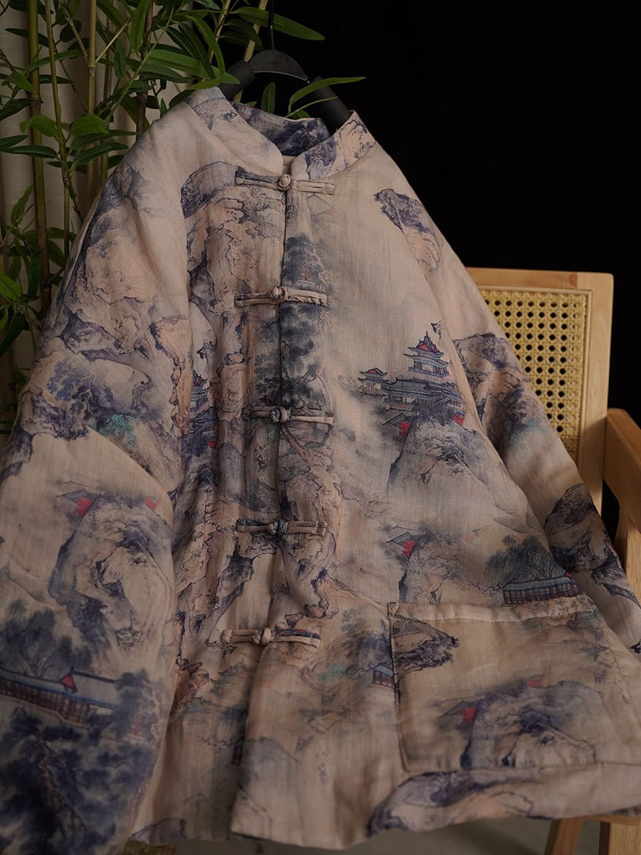 Women Autumn Vintage Print Button Stand Collar Ramie Coat AT1053 BUYKUD