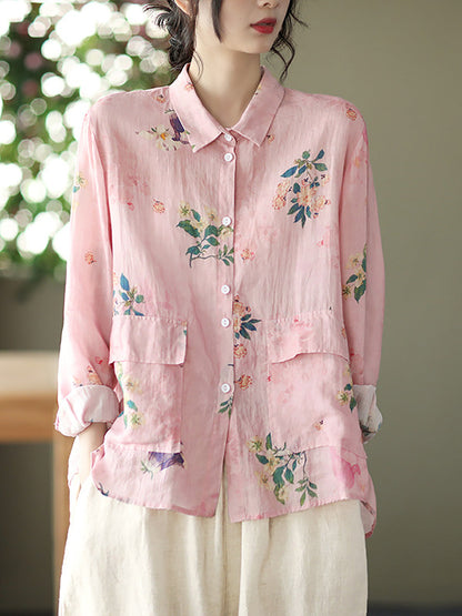 Women Vintage Floral Spring Button Up Ramie Blouse AT1089 BUYKUD