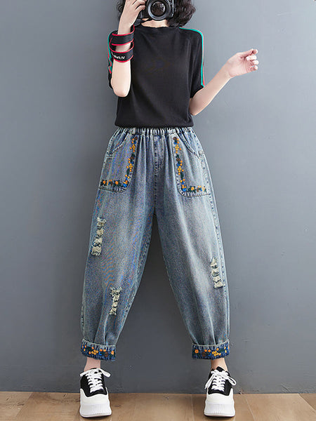Women Artsy Embroidery Frayed Denim Harem Pants FD006 ZMFS