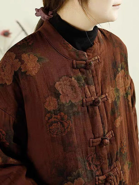 Women Ethnic Autumn Flower Buckle Cotton Stand Collar Coat BA1046 Genistyle Shop