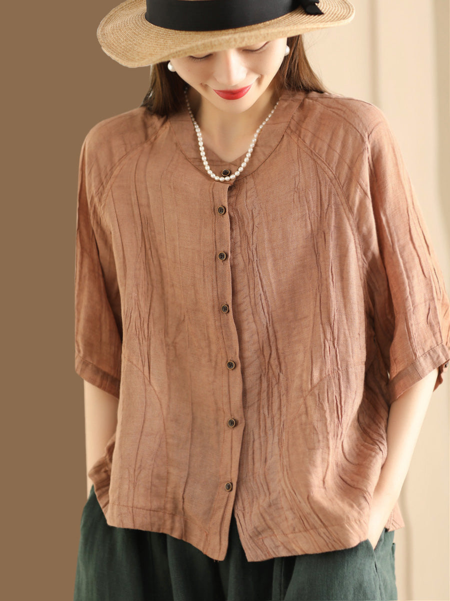 Women Summer Retro Solid Linen Button-up Shirt XX1012 Ada Fashion