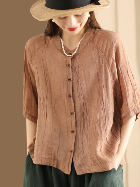 Women Summer Retro Solid Linen Button-up Shirt XX1012 Ada Fashion