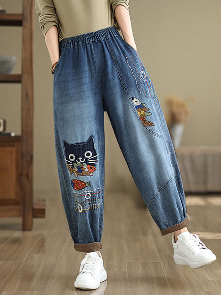 Women Autumn Casual Cat Patch Spliced Denim Harem Pants AV1004 Genistyle Shop
