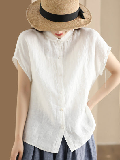 Plus Size Women Vintage Solid 100%Linen Button-up Shirt WE1048 Ada Fashion