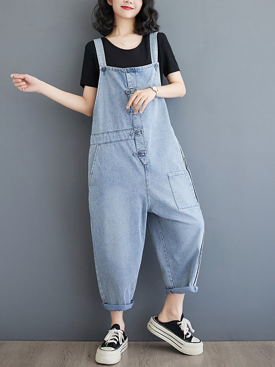 Women Summer Casual Solid Denim Shirred Jumpsuits AT1032 ZMFS