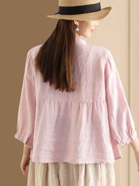 Women Retro Solid Spring Pullover Linen Shirt KL1030 Ada Fashion