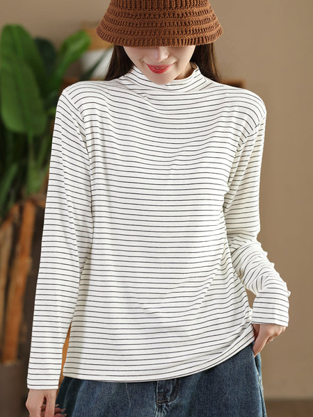 Women Autumn Casual Stripe Half Turtleneck Blouse AI1064 ZMMM