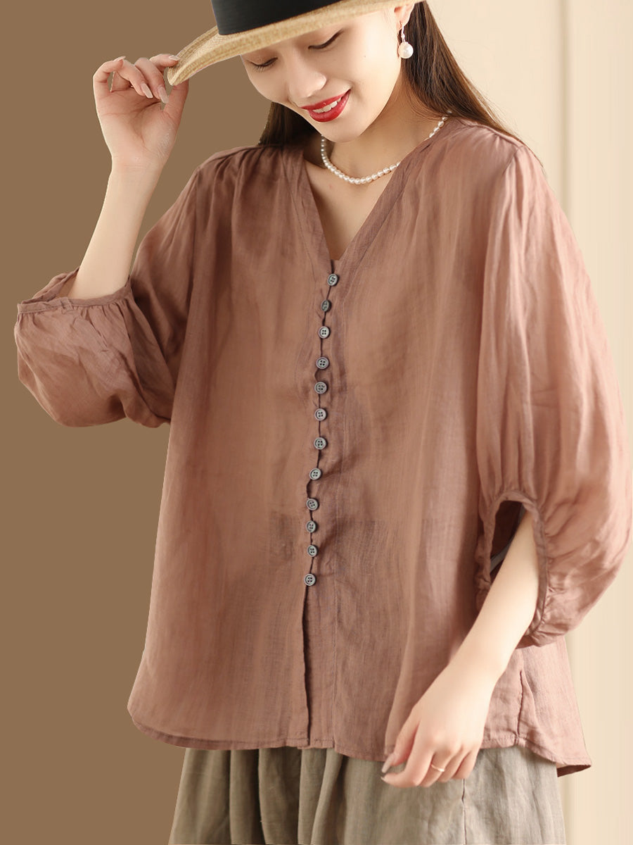 Plus Size Women Casual Summer Solid Button-up Ramie Shirt PA1038 Ada Fashion