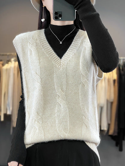 Women Casual Autumn Wool V-Neck Cable Knit Vest QN024 BUYKUD