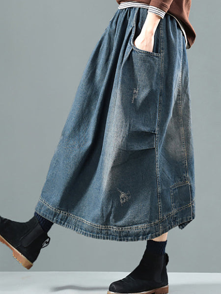 Women Retro Fade Pocket Elastic Waist Denim Skirt AI1012 ZMMM