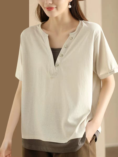 Women Casual Colorblock Pullover V-Neck Cotton Shirt AS1001 Ada Fashion