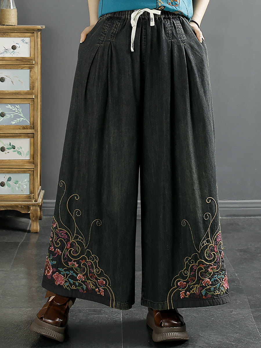 Women Vintage Summer Embroidery Wide-leg Denim Pants CO1050 Ada Fashion