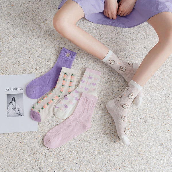 5 Pairs Women Summer Japan Style Cute Print Socks CC033 XXZZ
