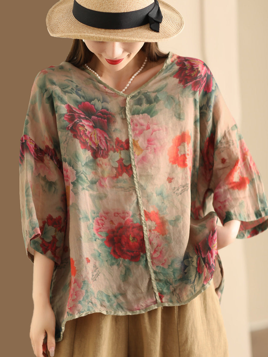 Women Vintage Floral V-Neck Linen Summer Shirt XX1014 Ada Fashion