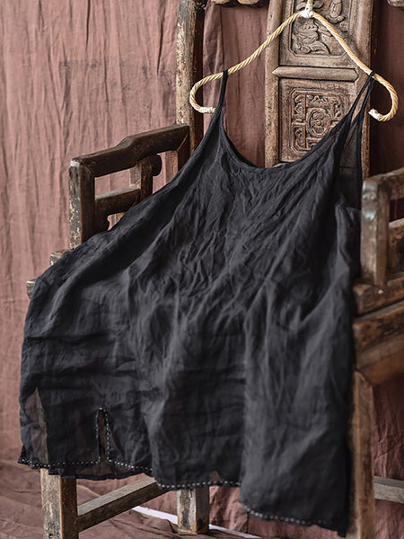 Women Casual Solid Split Hem Stitching Loose Ramie Vest LL023 QYMM