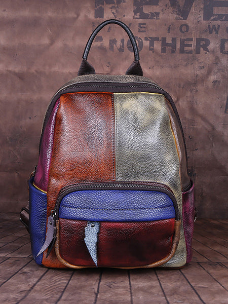 Women Colorblock Hand Painted Outdoor Leather Backpack AH1072 HDW
