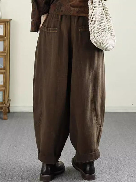 Women Autumn Vintage Solid Pocket Linen Harem Pants AV1031 Genistyle Shop