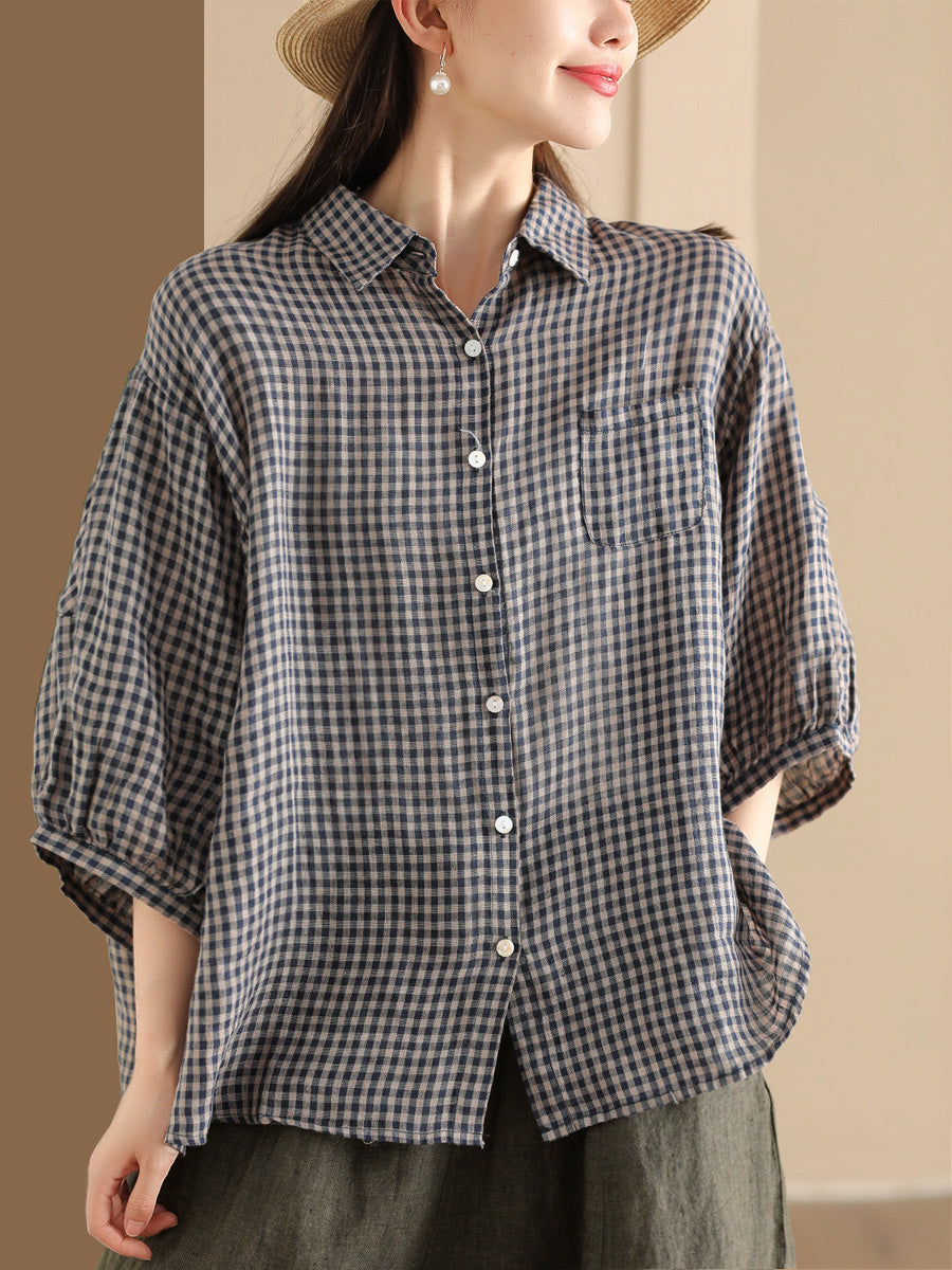 Women Summer Vintage Plaid Button-Up Linen Shirt PP1034 BUYKUD