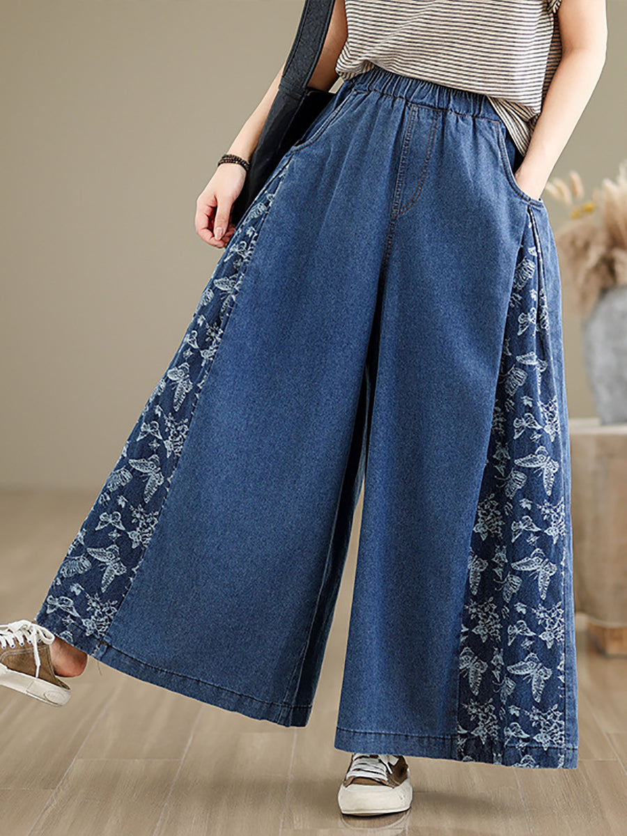 Women Vintage Summer Butterfly Spliced Wide-leg Denim Pants CO1030 Ada Fashion