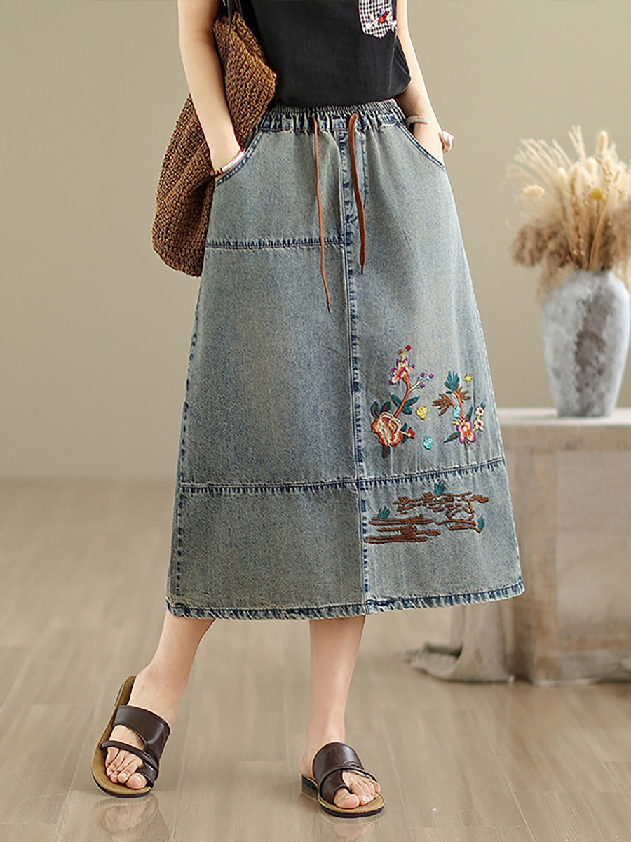 Denim Women Artsy Spring Flower Embroidery Skirt FashionChic